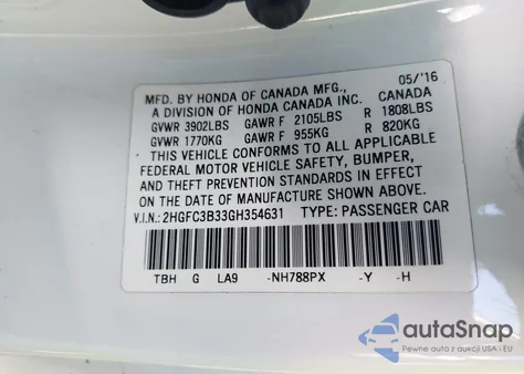 2016 Honda Civic Ex-T from USA, damaged, VIN 2HGFC3B33GH354631